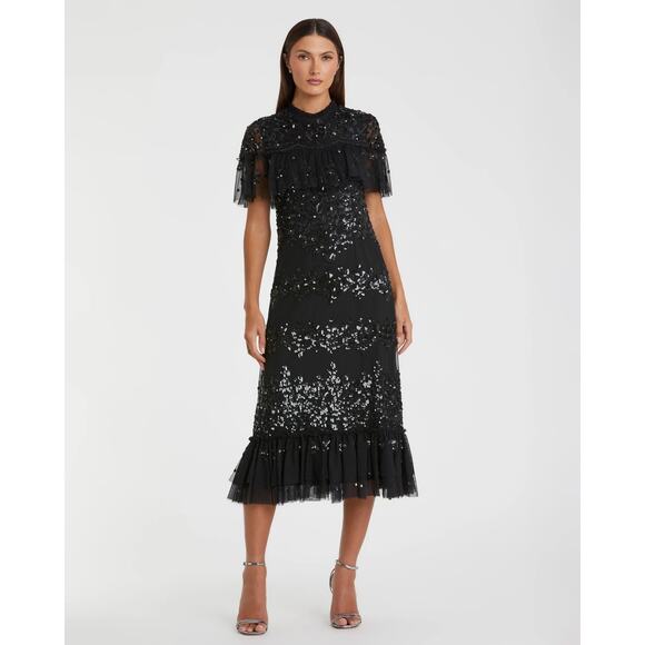Mac Duggal NWT Sequined High Neck Ruffled Flutter Sleeve Dress in Black Size 12